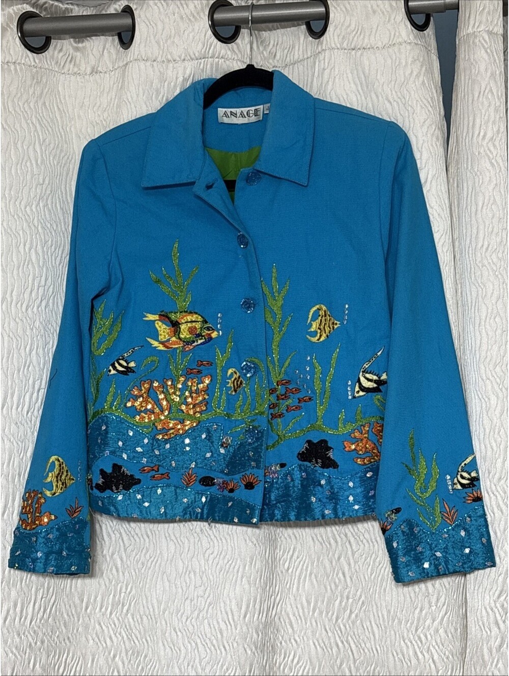 ANAGE Funky Statement Jacket Embellished Wearable Art Colorful Fish Sz XS